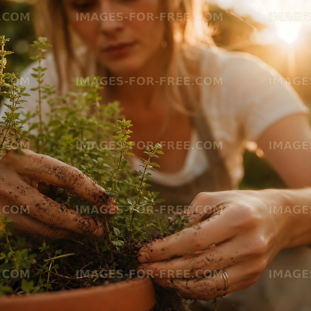 Gardener tending to herbs during sunset in a garden