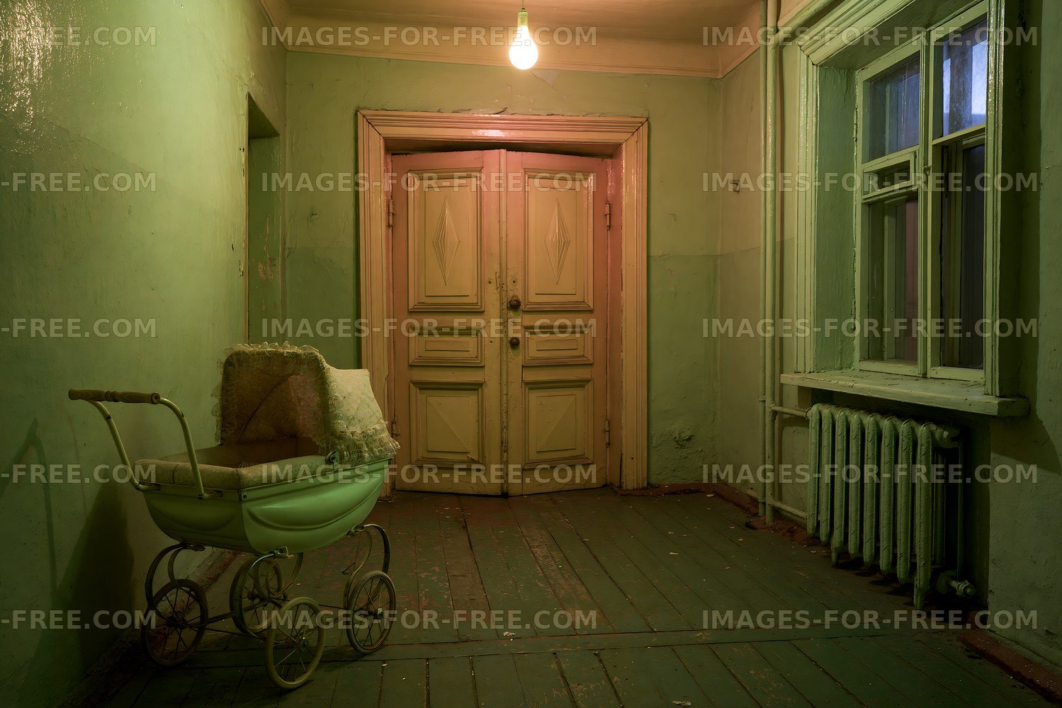 Old hallway with a baby carriage and doors in dim light