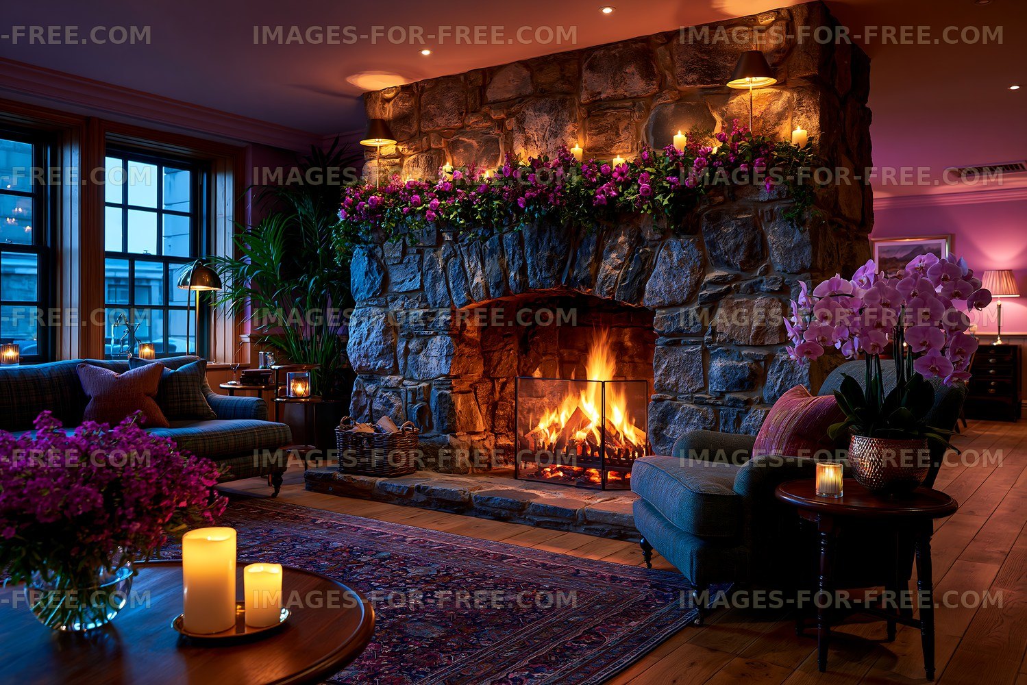 Cozy room with stone fireplace and floral decorations