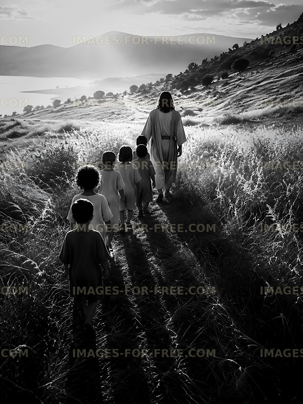 Walking on a path with children in a black and white setting