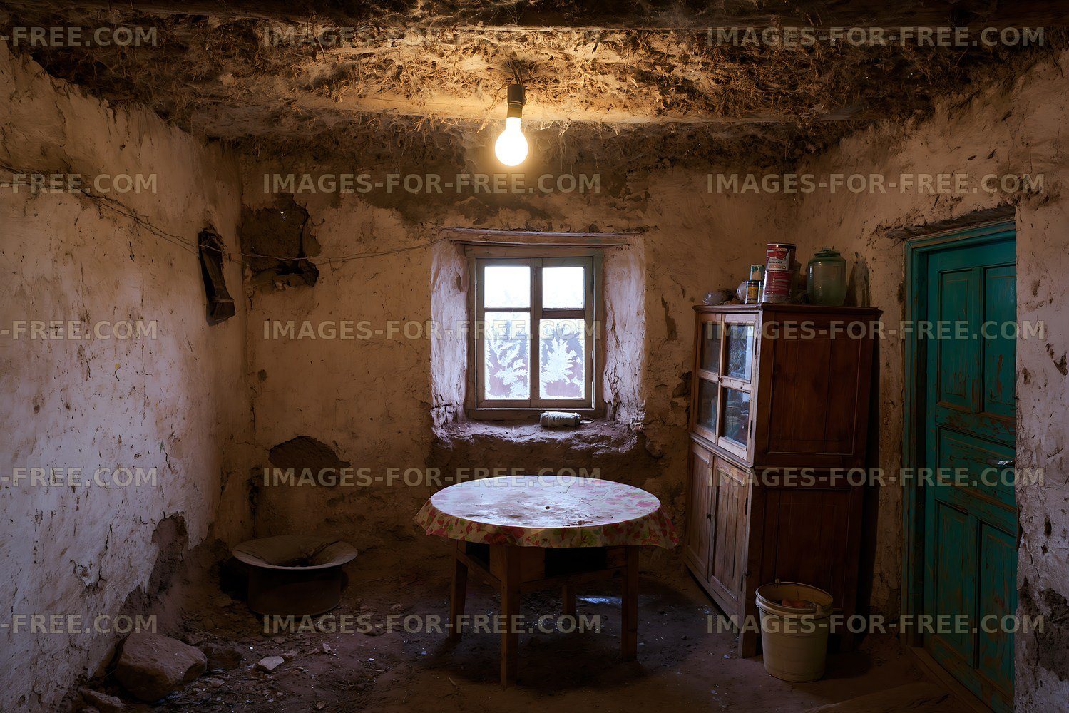 Old rustic room with wooden table and window