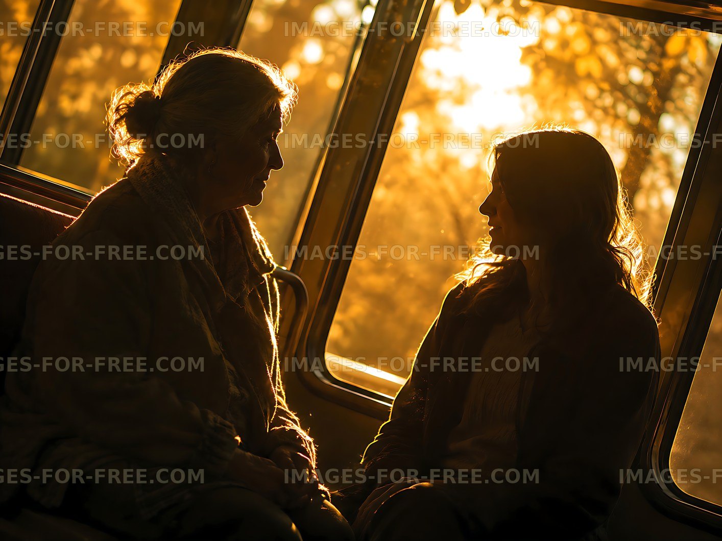 Two women talking by the window during sunset