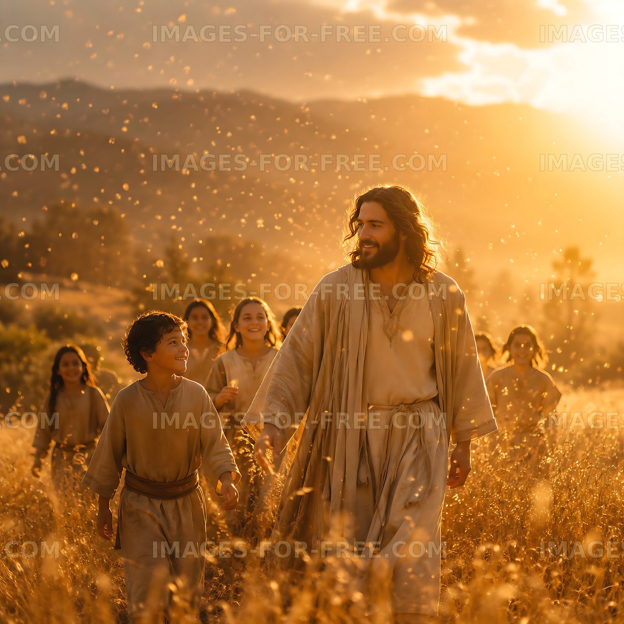 Jesus walking with children in a field at sunset