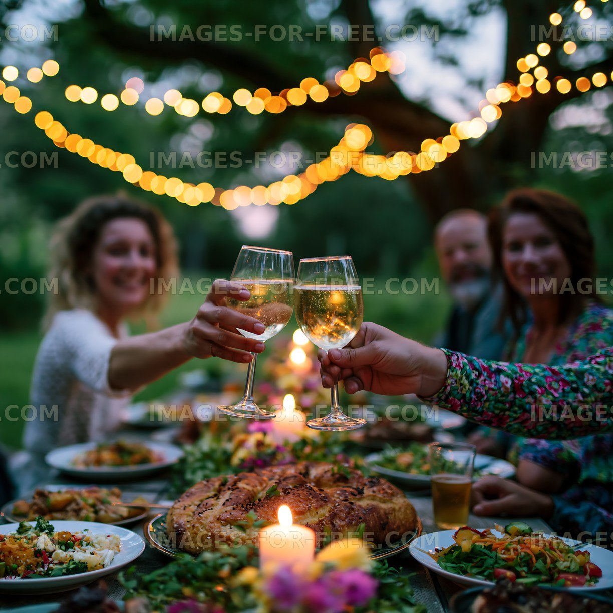 Celebration dinner with friends under string lights in a garden