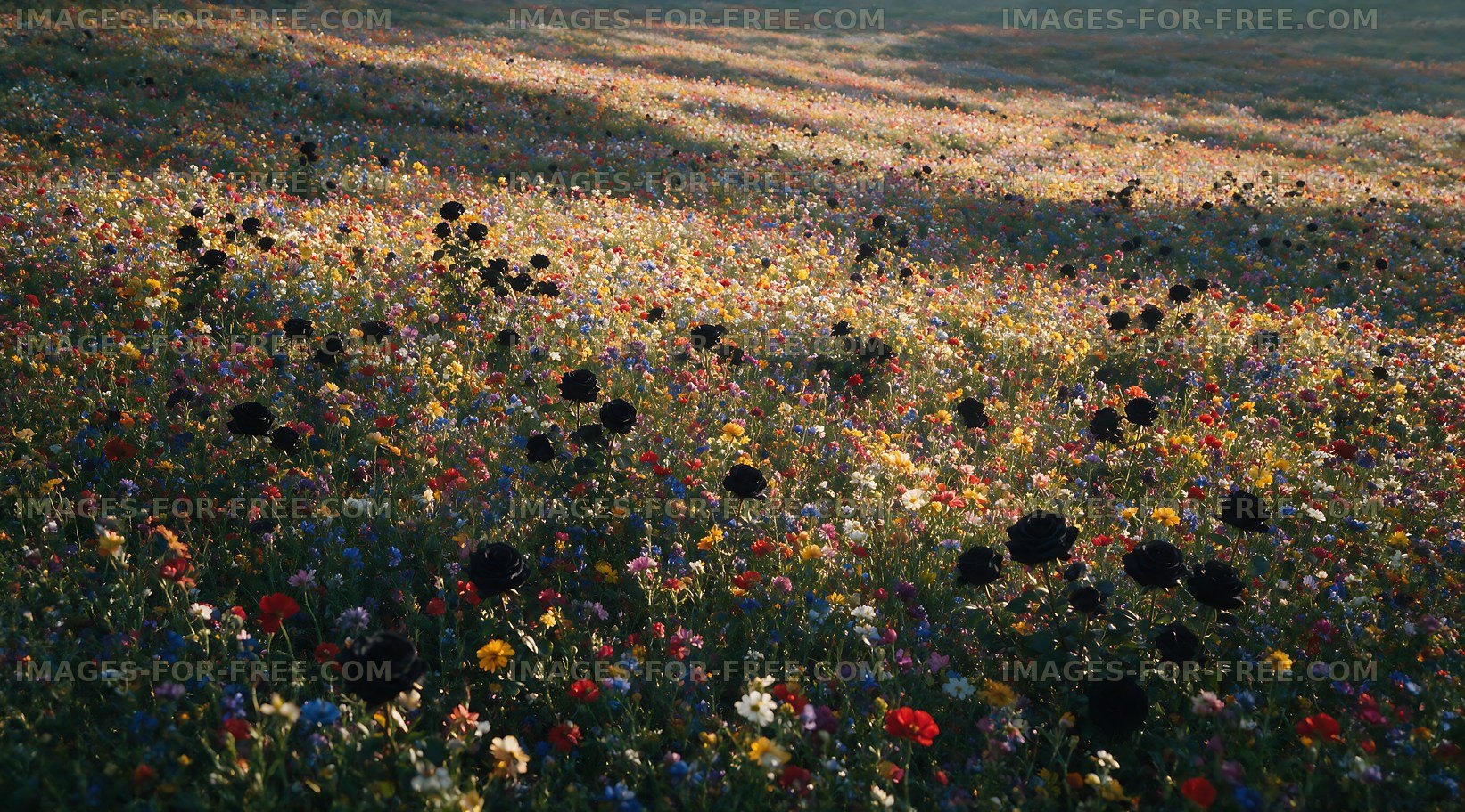 Colorful flower field during sunset in spring