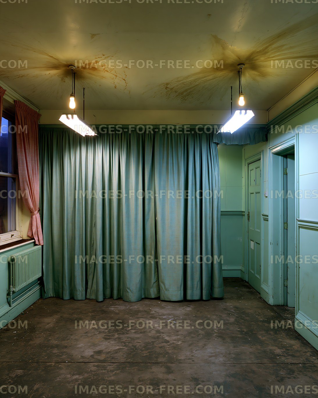 Empty room with curtains and ceiling lights