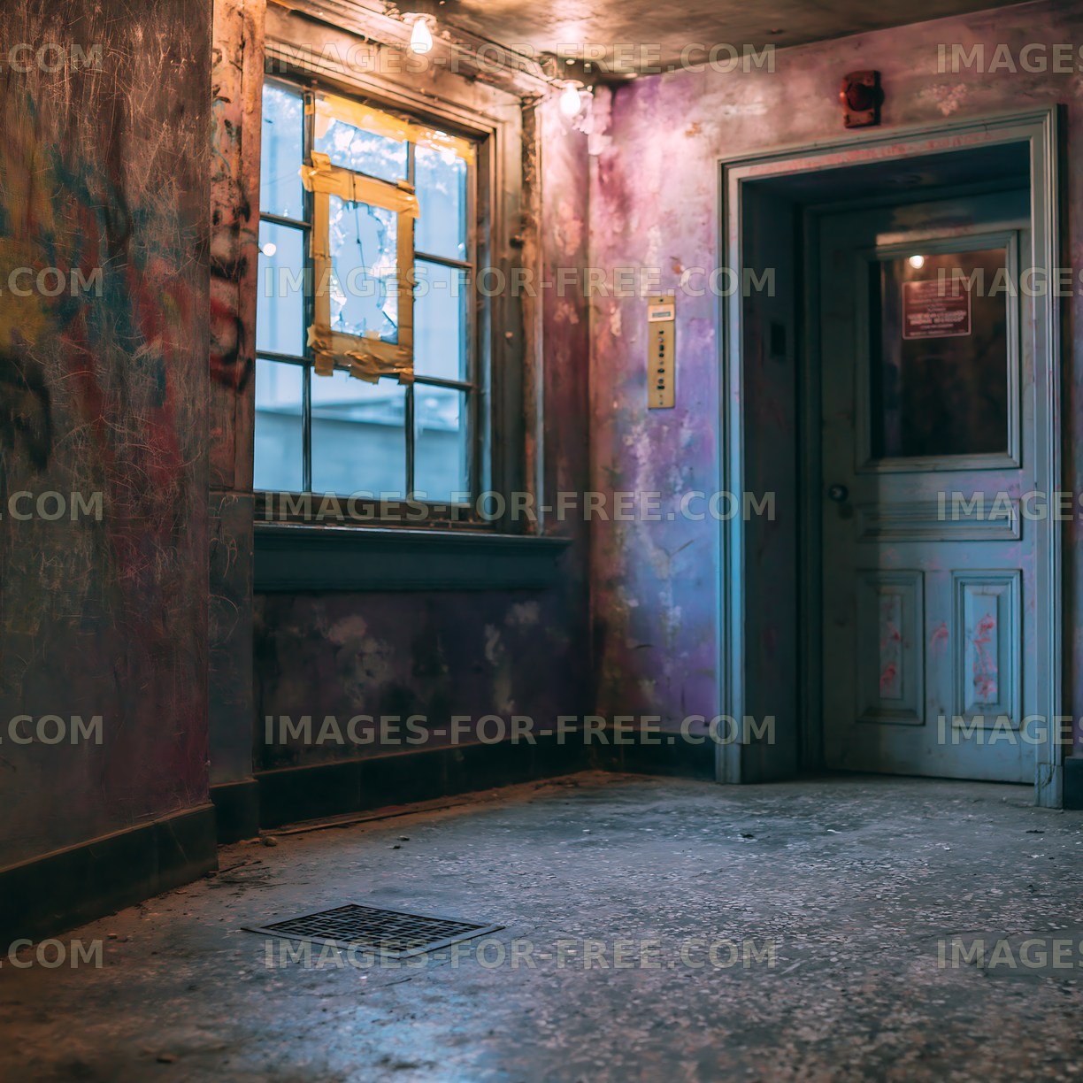Abandoned room with colorful walls and window