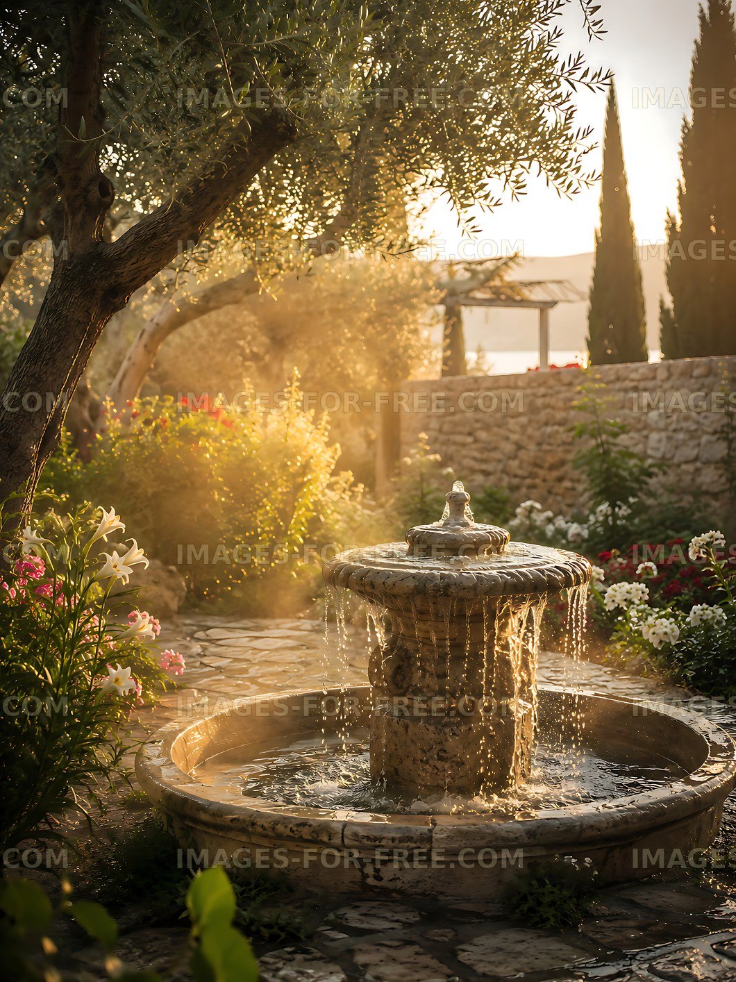 Scenic garden fountain surrounded by flowers at sunset