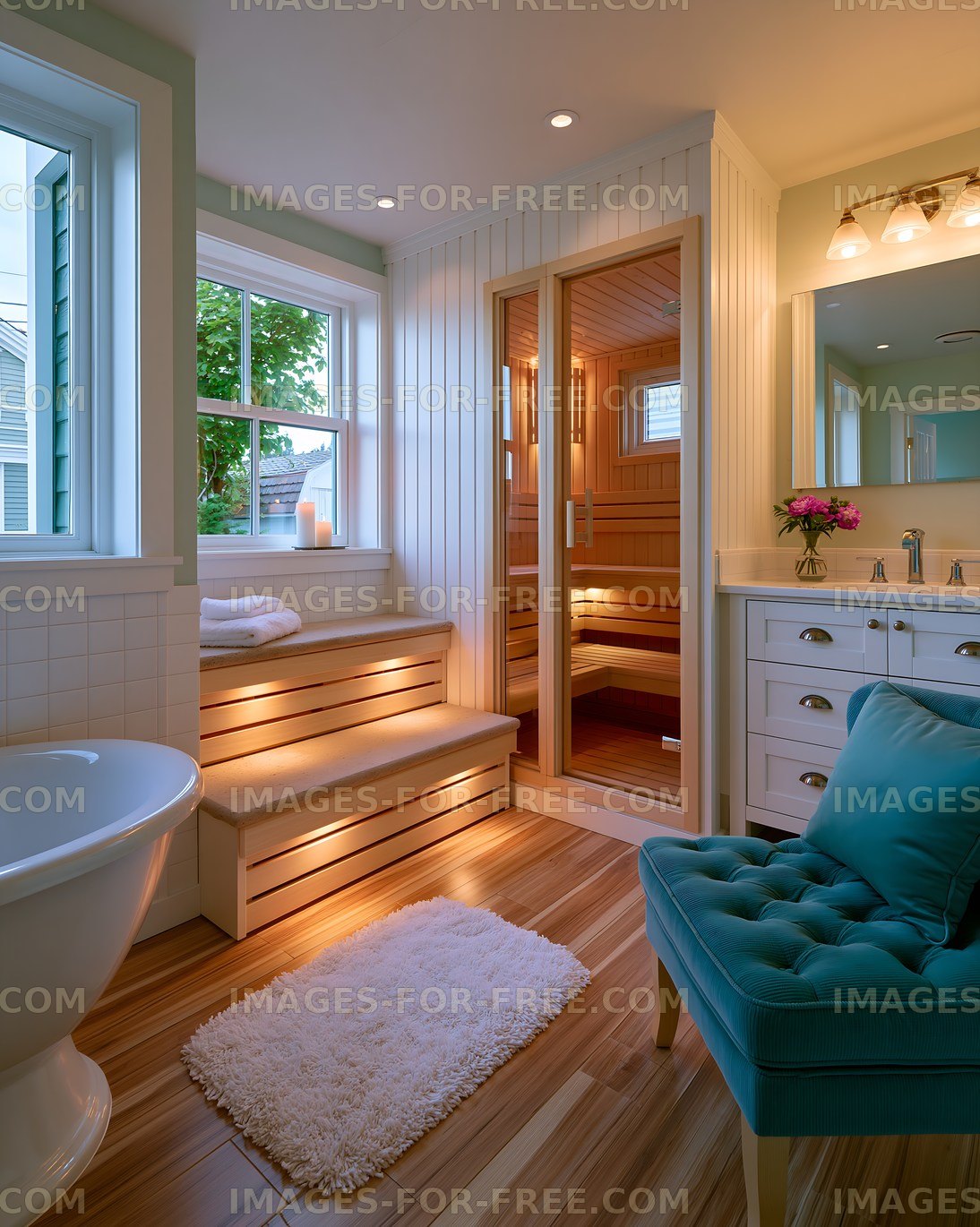 Modern bathroom with sauna and natural light