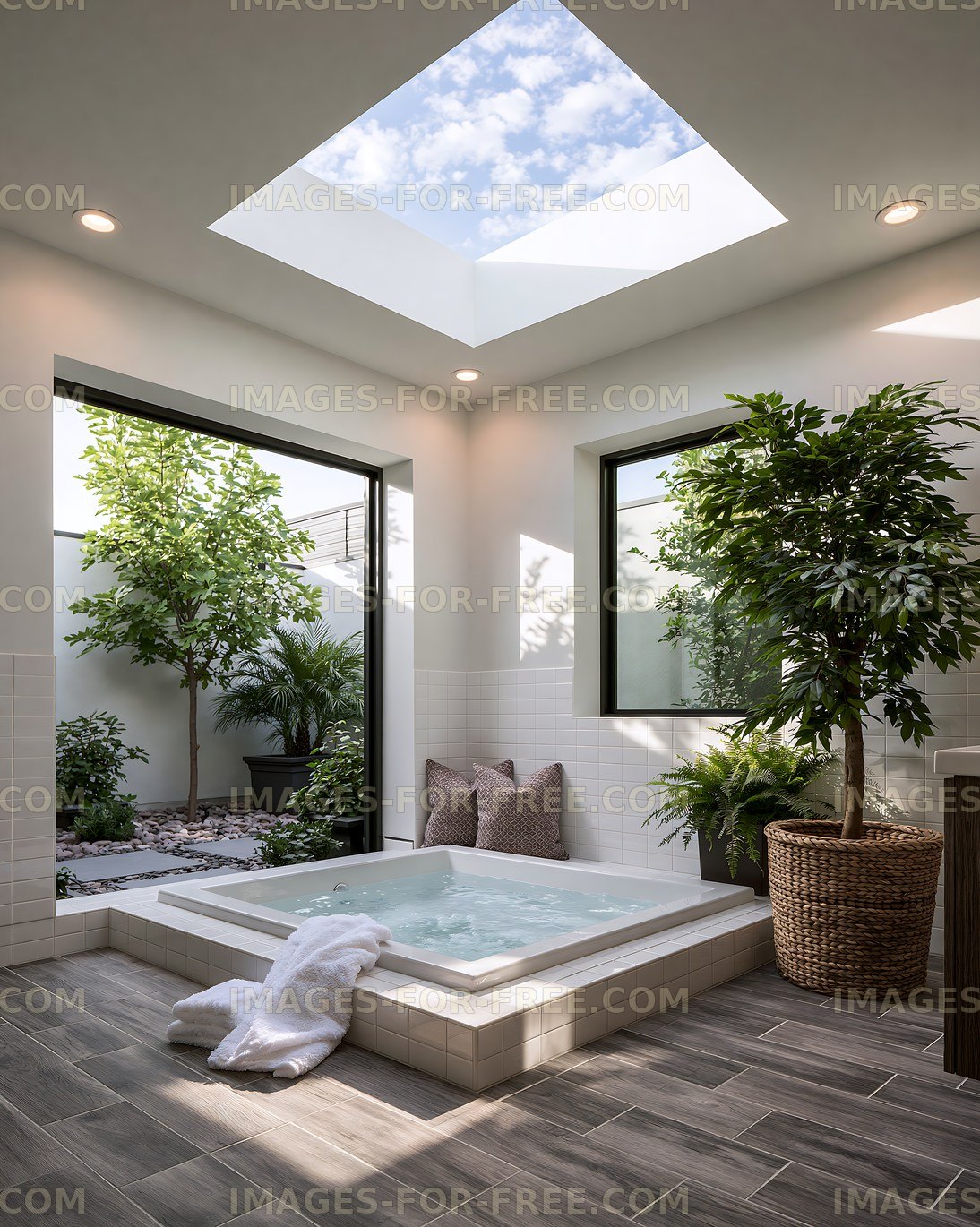 Indoor spa area with a small hot tub and natural light