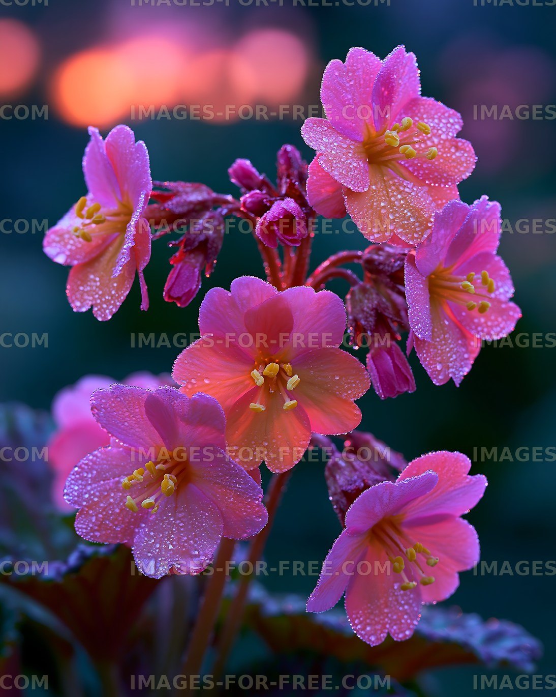 Pink flowers with water droplets in evening light