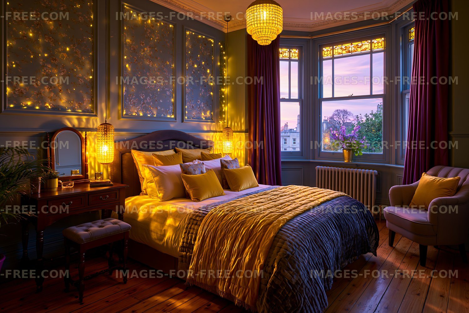 Cozy bedroom with warm lighting and window views in evening