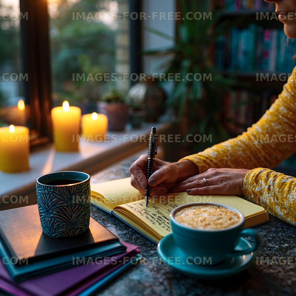 Writing notes by candlelight with coffee and notebooks
