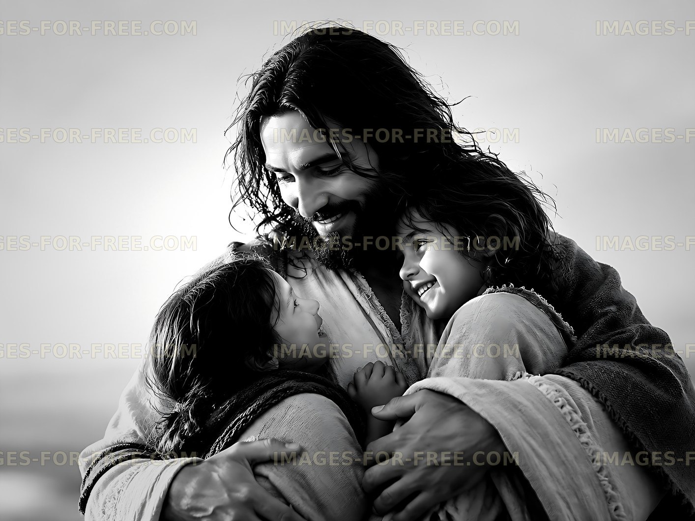 Man embraces two children in a warm interaction