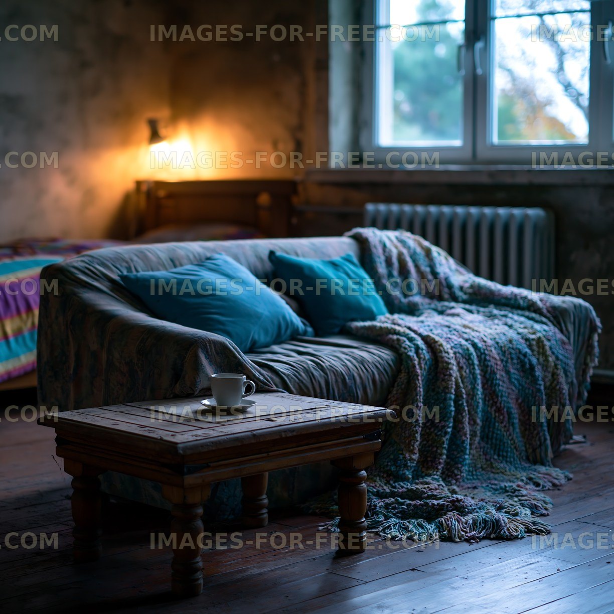 Cozy living room with a sofa and coffee cup on a table