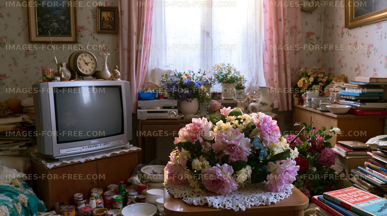 Living room with vintage decor and floral arrangements