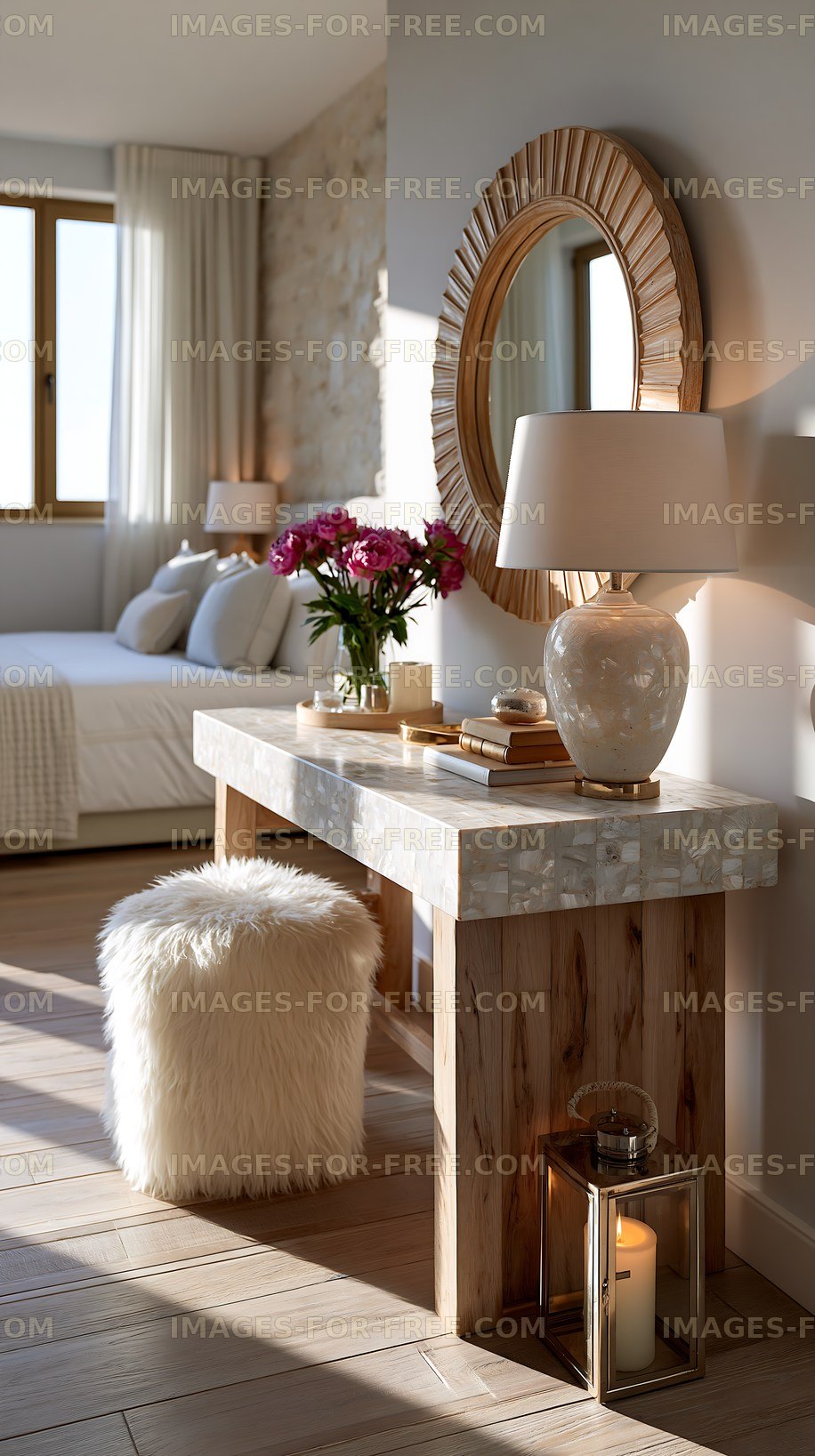 Cozy interior with a table, lamp, and flowers in a bright room