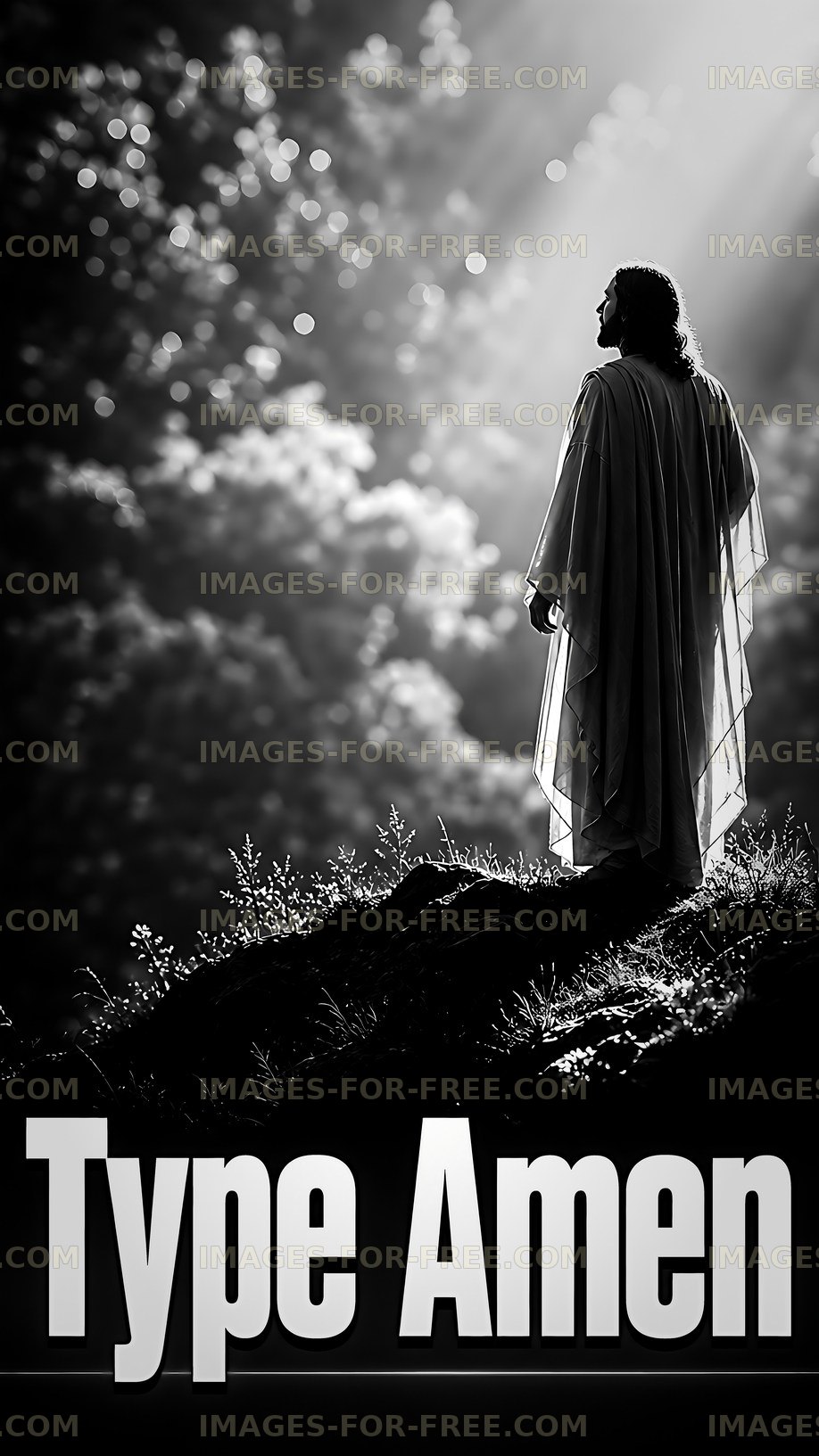 Figure in white robe standing against bright forest backdrop