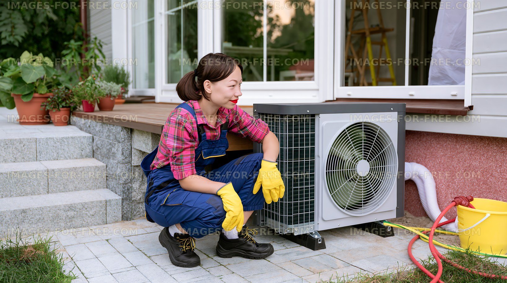 Woman installing air conditioning unit at home