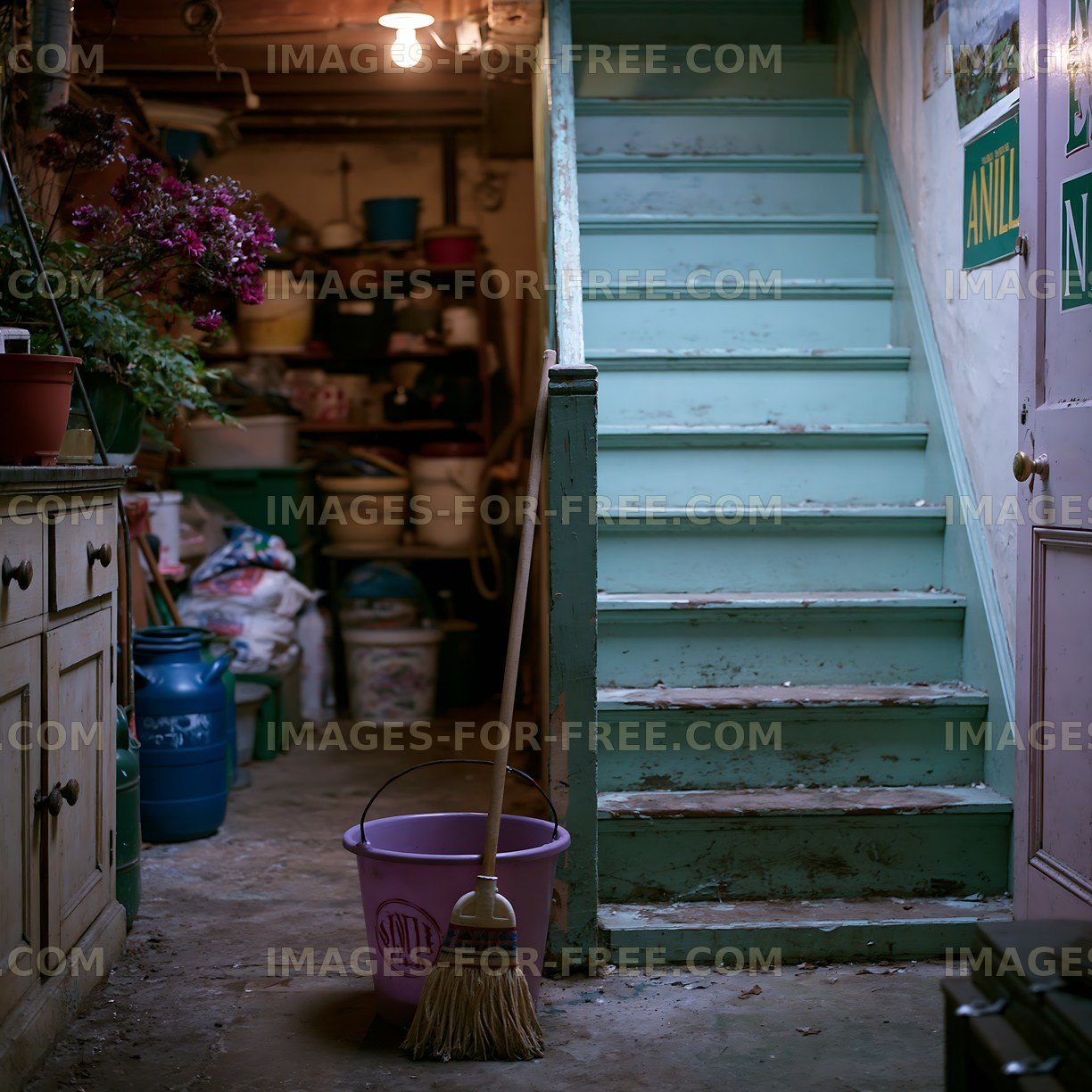 Old staircase with broom and bucket in a cluttered space