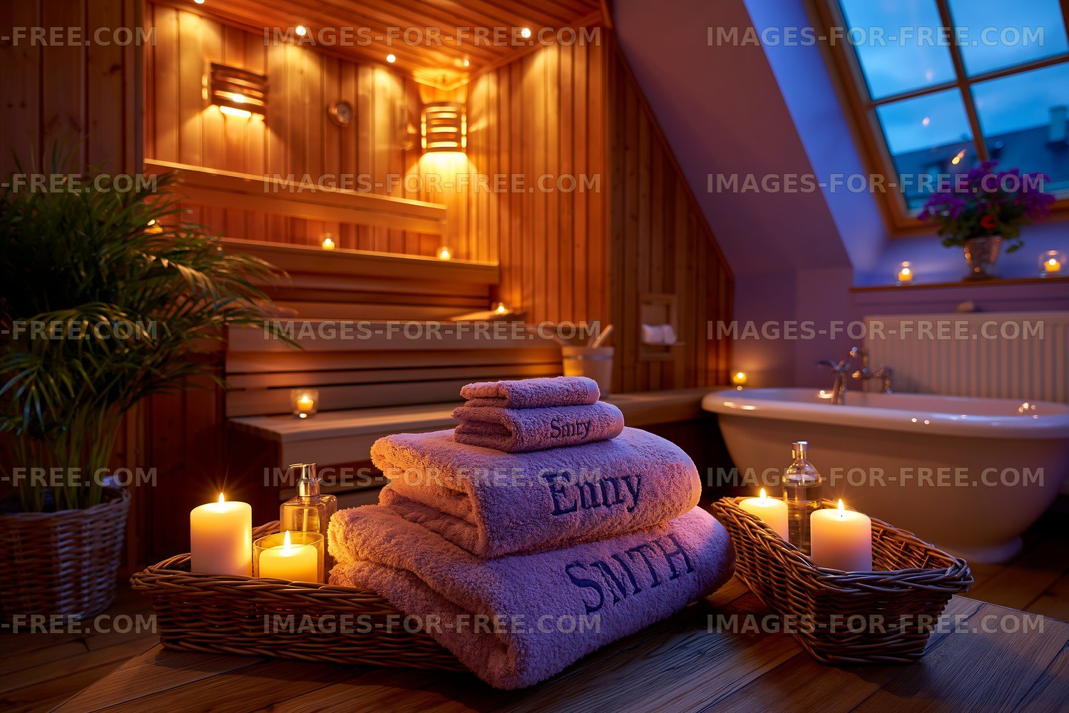 Relaxing spa setup with towels and candles in a wooden room