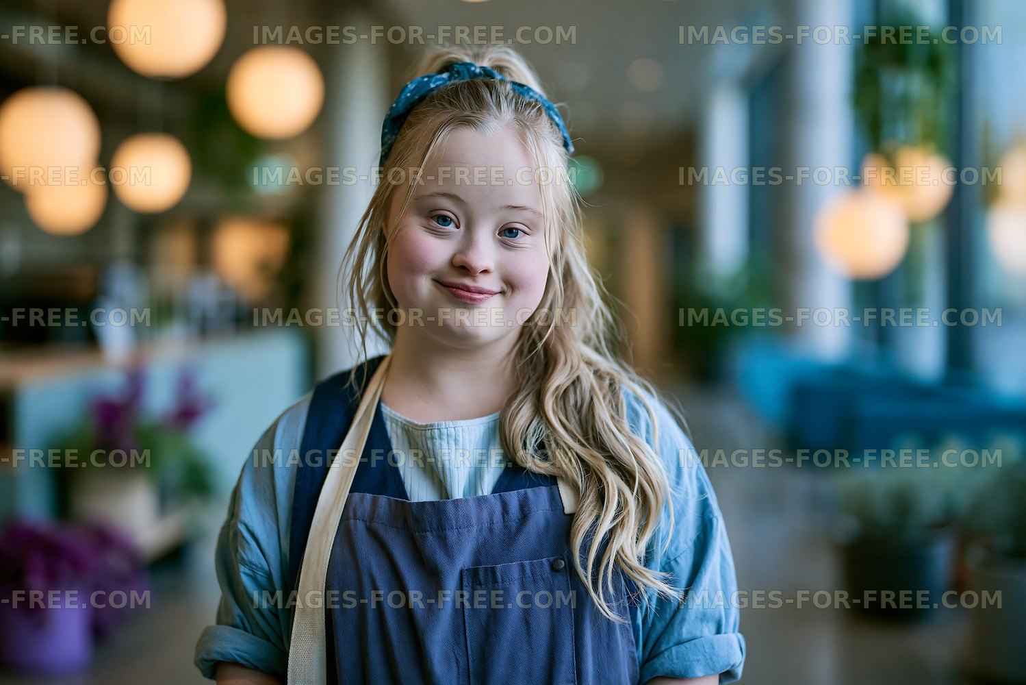 Young girl wearing apron smiles in a bright cafe environment