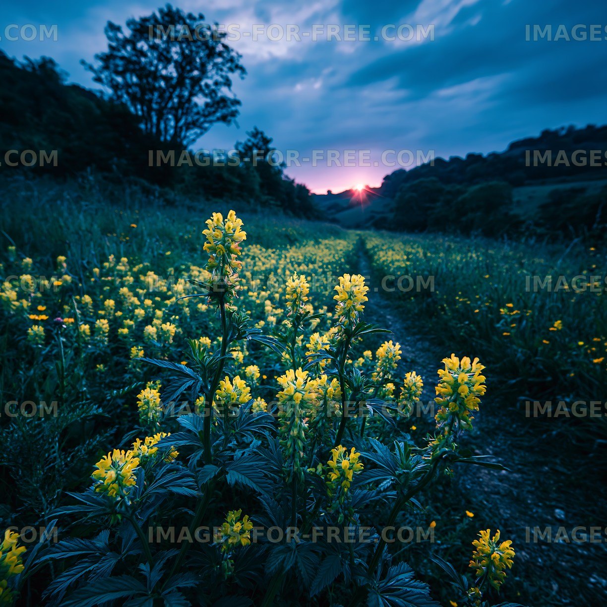 Sunset over a field of yellow flowers near a wooded area