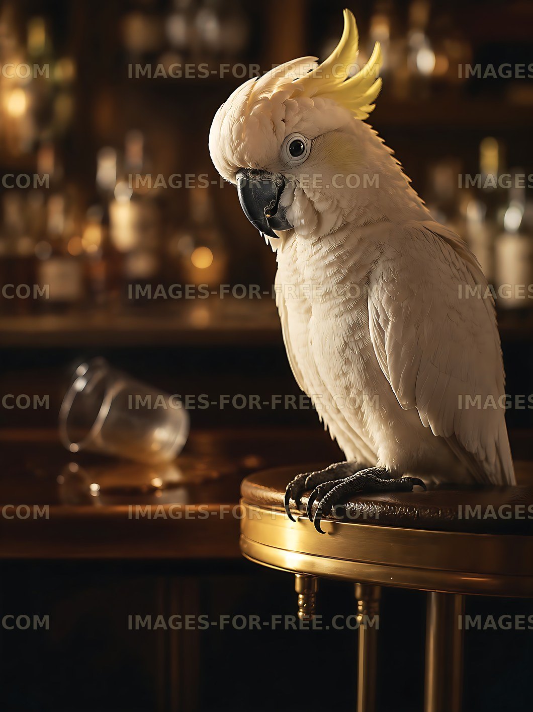 Cockatoo sitting on a bar counter in a dimly lit setting