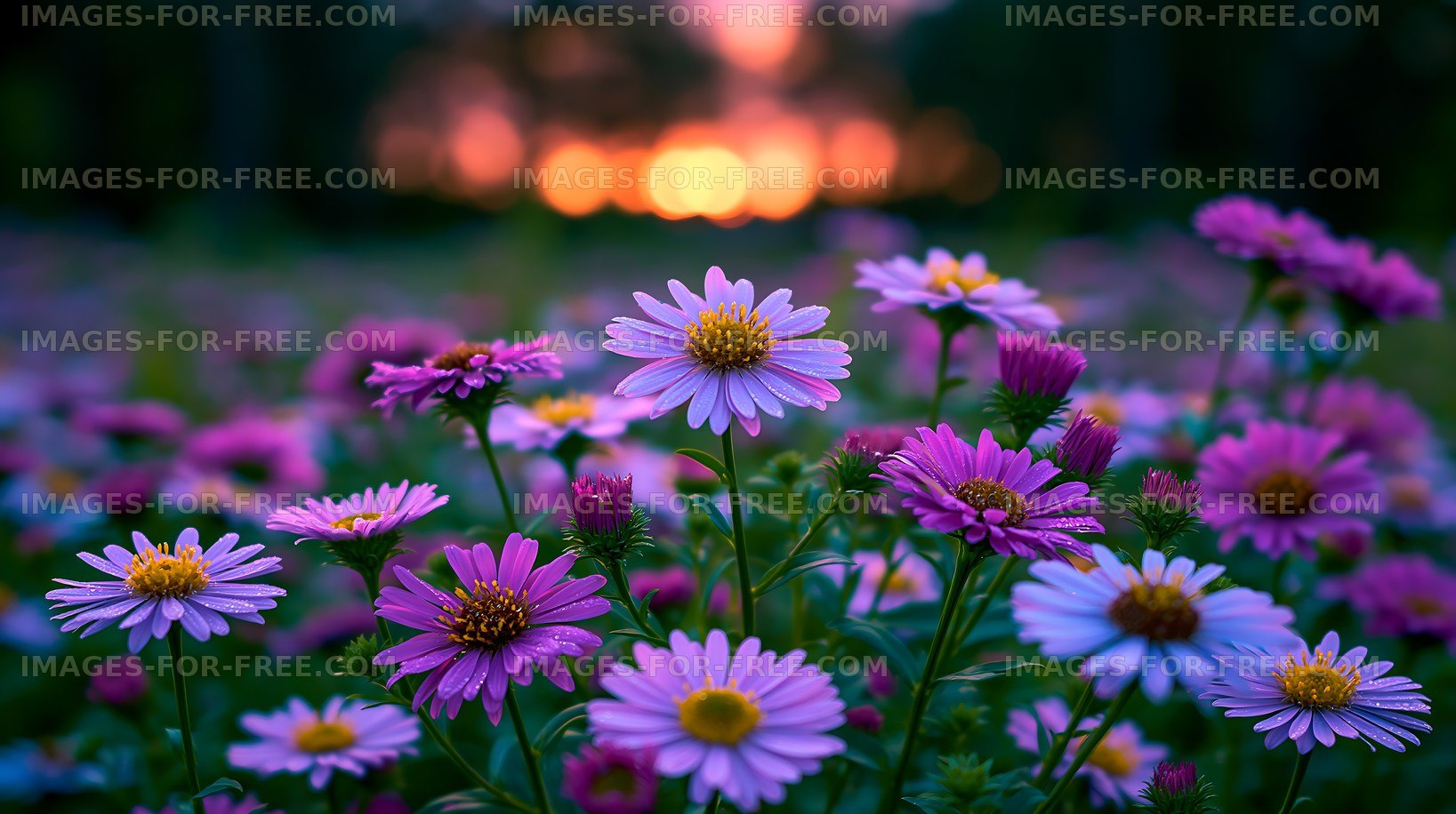 Vibrant wildflowers bloom during sunset in a garden