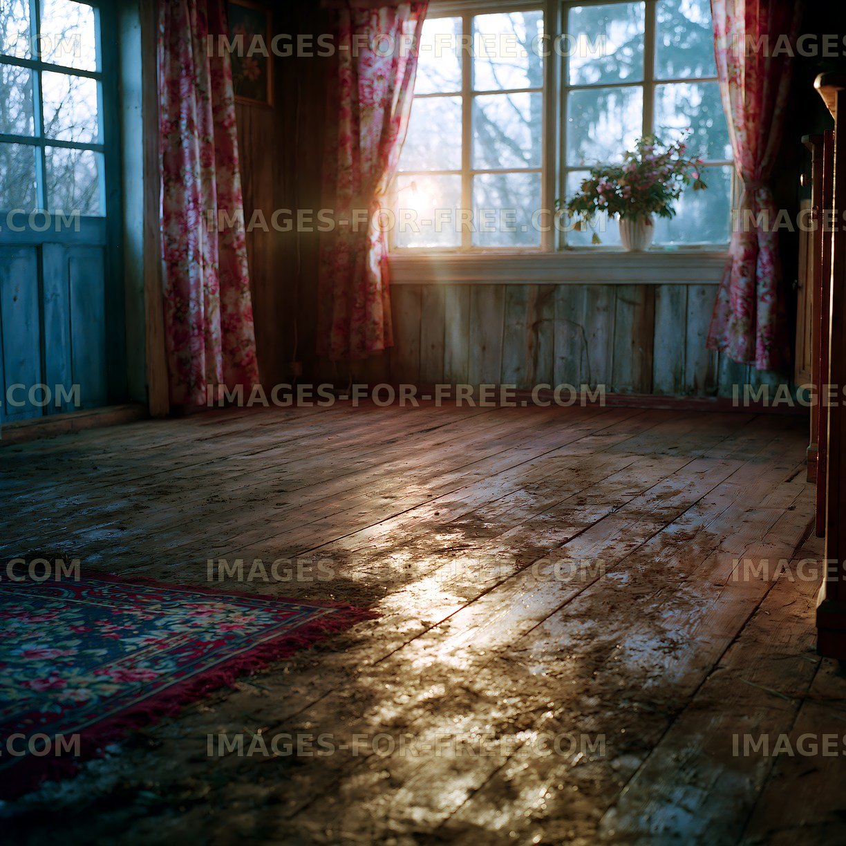 Sunlight streaming through a rustic room with wooden floor