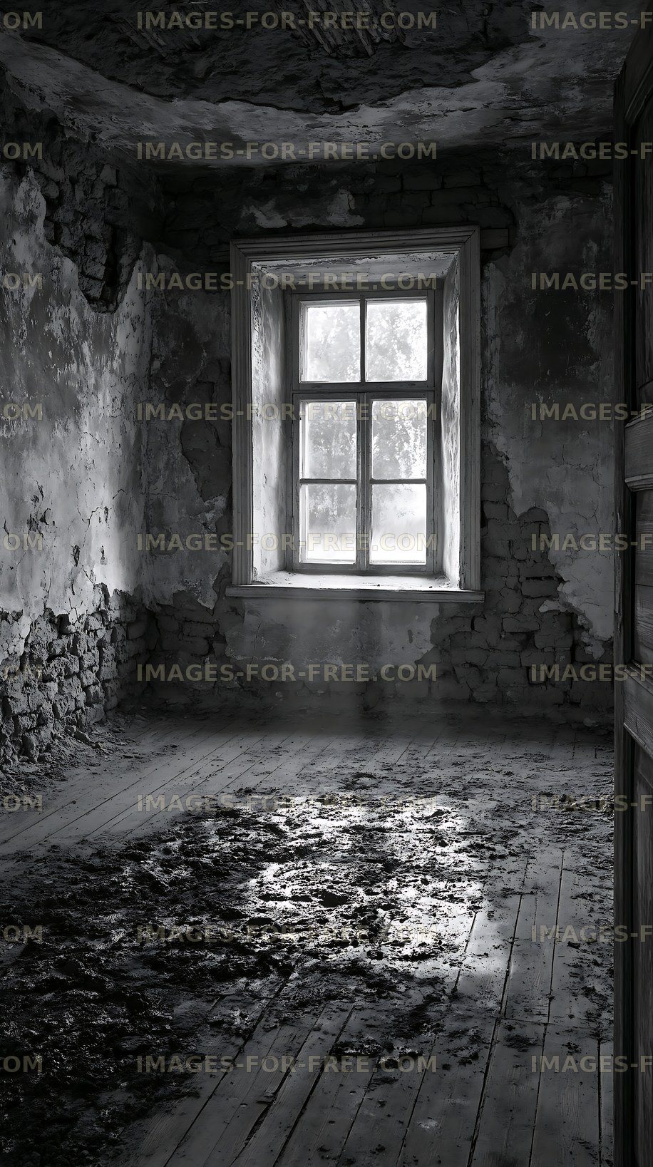 Abandoned room with window and worn walls in black and white