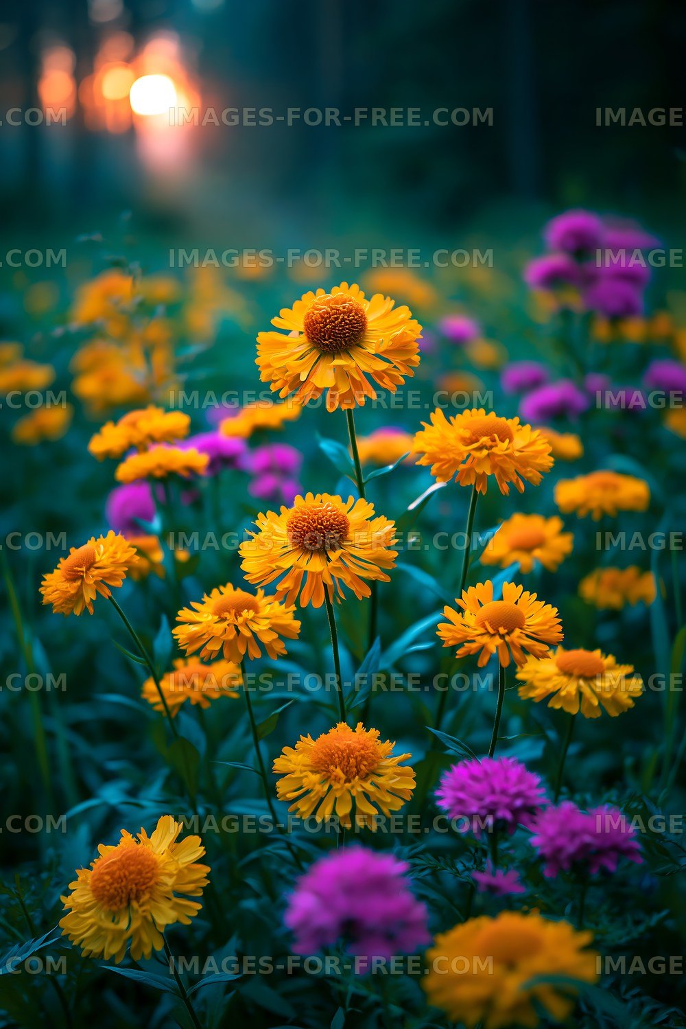 Bright flowers in a field during sunset