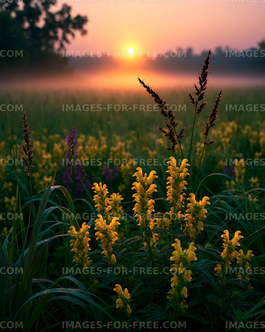 Sunrise over a field of yellow flowers and mist