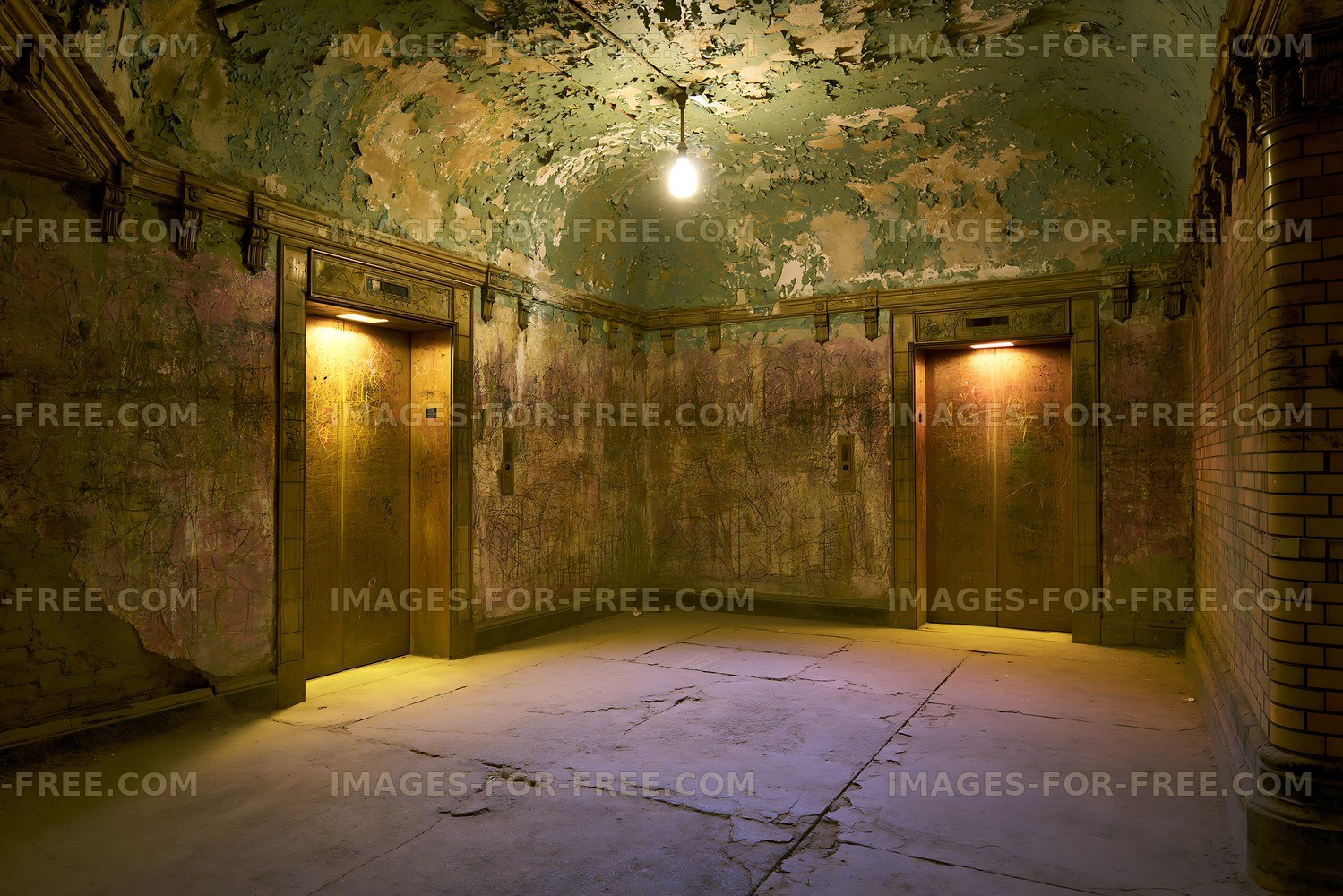 Old elevator lobby with peeling walls and dim lighting