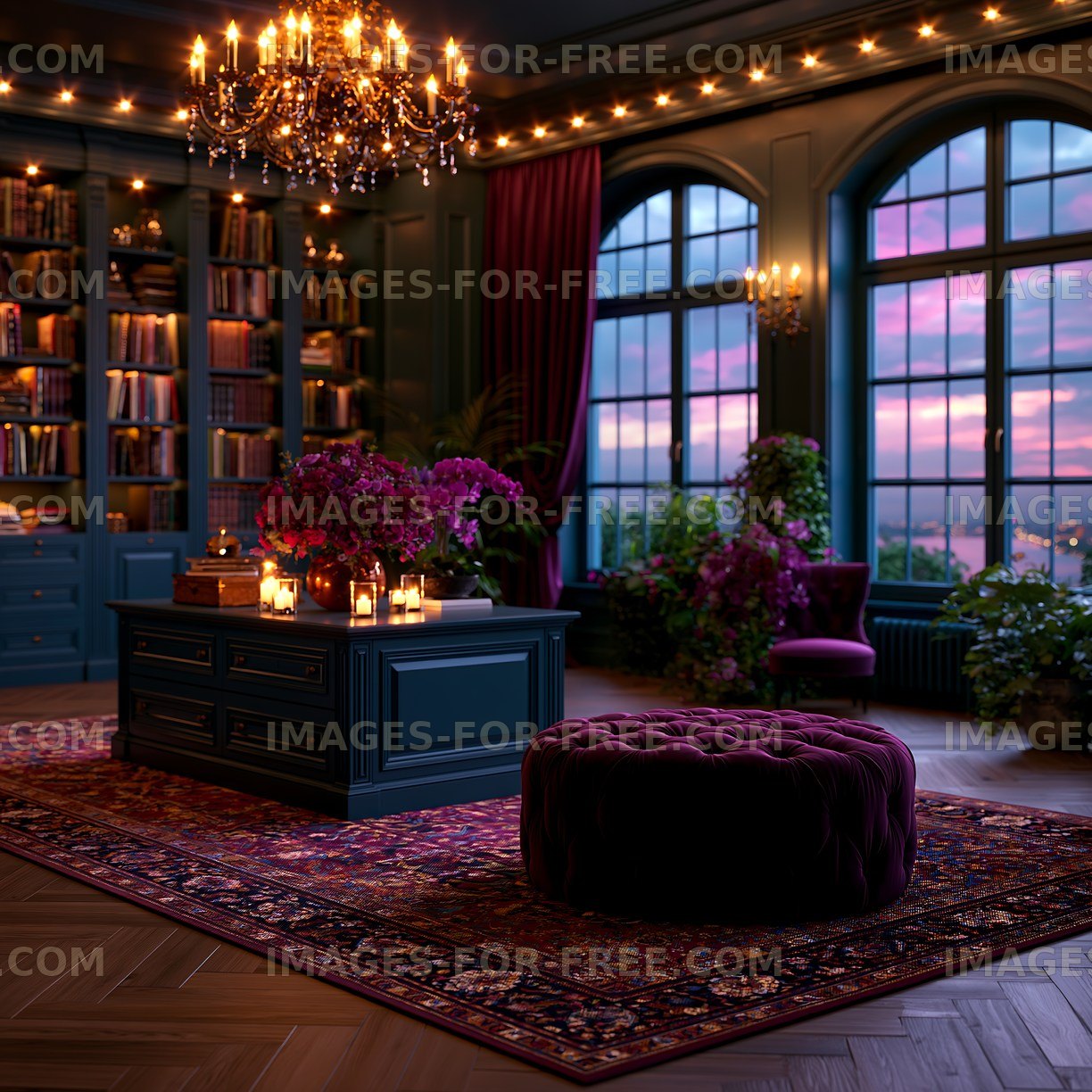 Cozy room with large windows and decorative plants at sunset