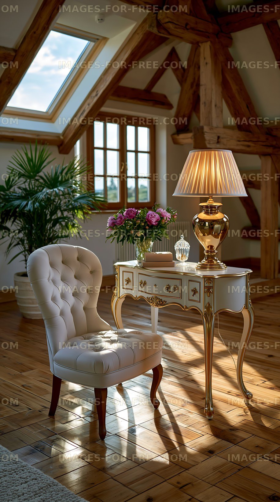 Elegant room with chair and table in sunny interior