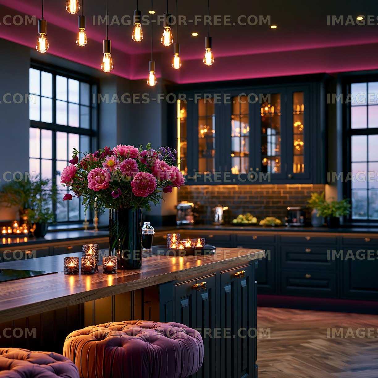 Modern kitchen with pendant lights and floral arrangement