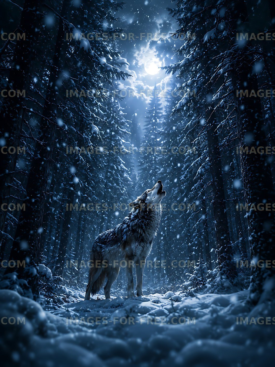 Wolf howling in a snowy forest under a full moon