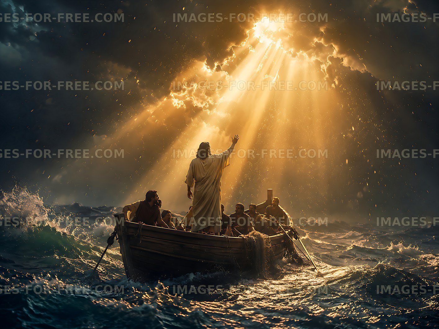 Jesus calms the storm with disciples in a boat