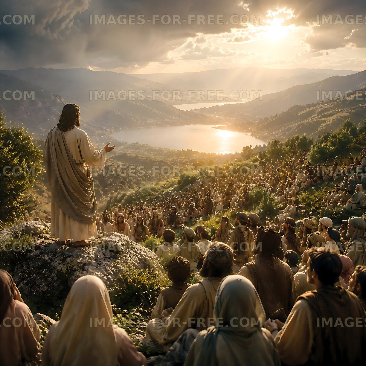 Jesus speaks to a large crowd on a hillside