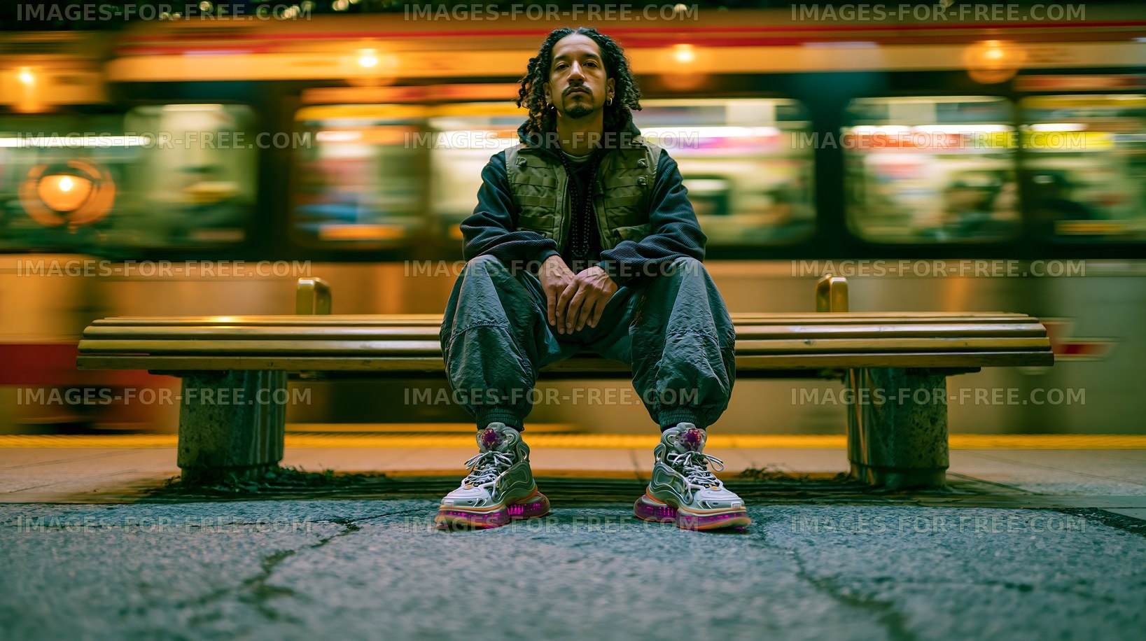 Man sitting on a bench at a train station in the evening
