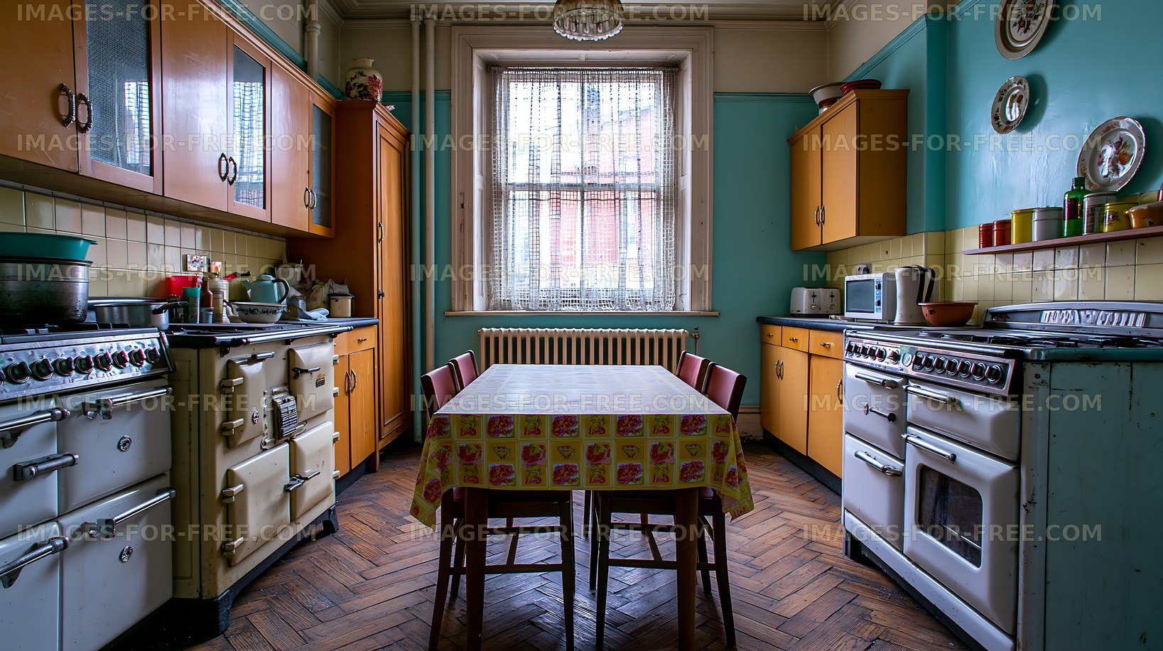 Bright kitchen with vintage appliances and wooden flooring