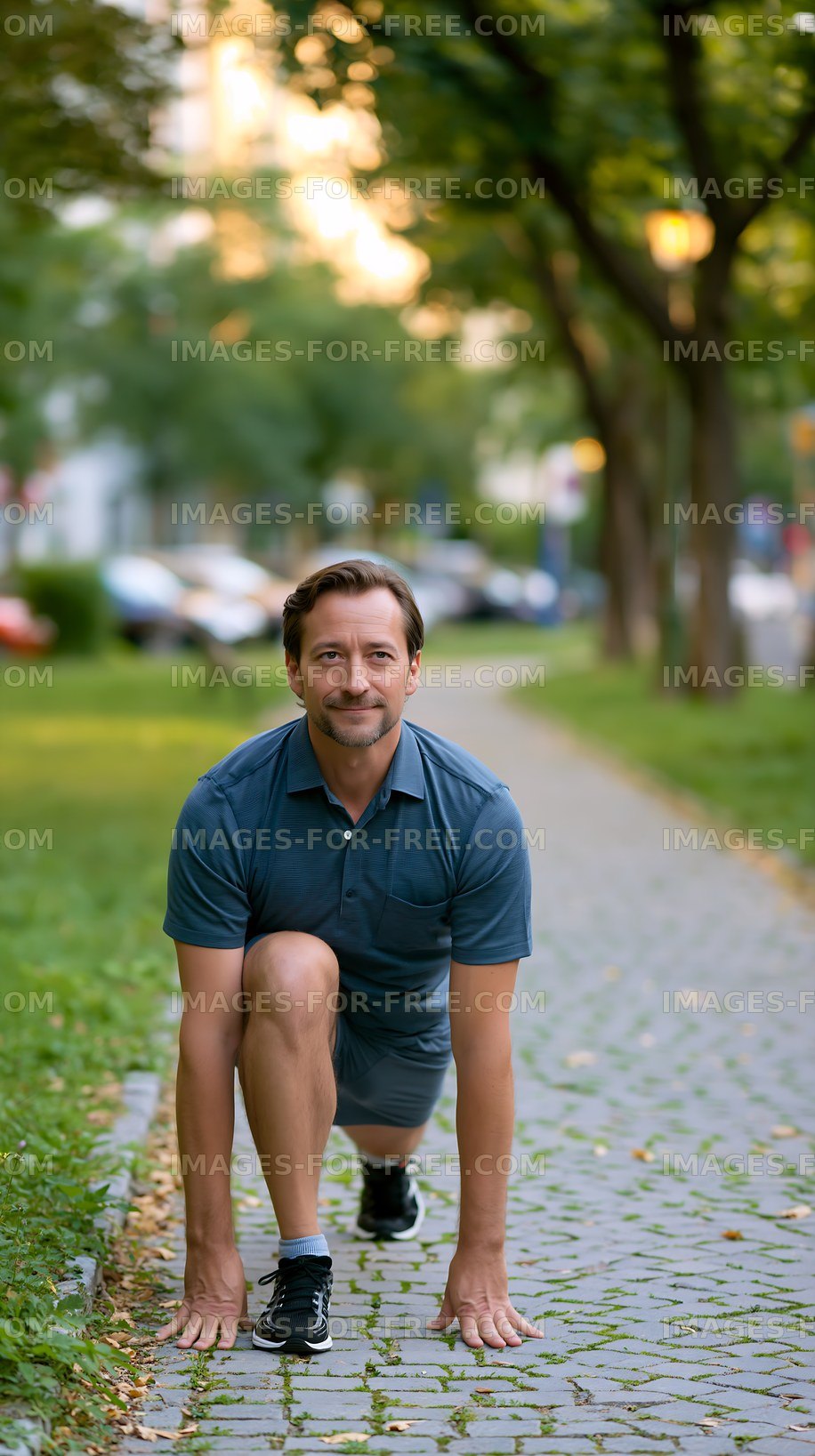 Man preparing to run on a path in a park during daylight