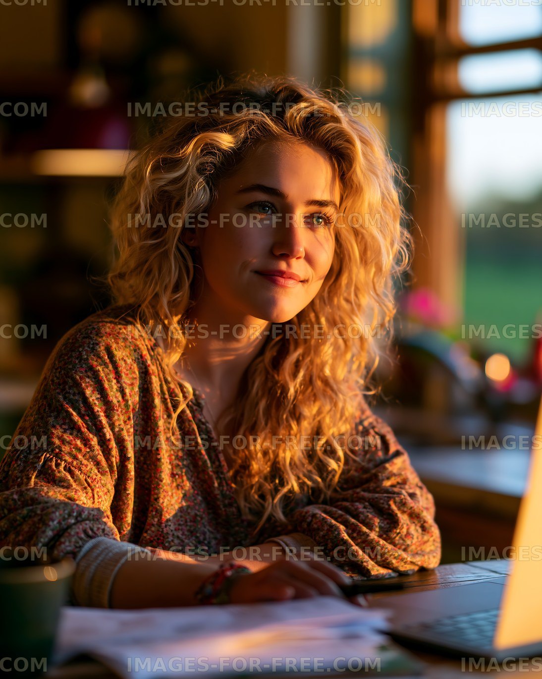 Woman working at a table in sunlight with a laptop