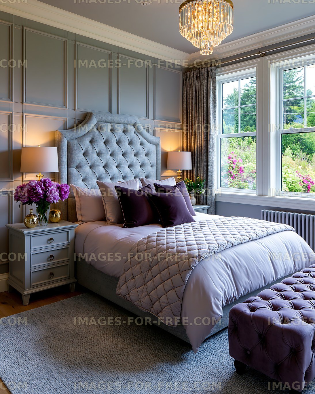 Stylish bedroom with large windows and elegant decor
