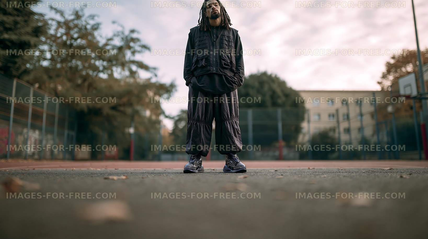 Person standing alone on an outdoor basketball court at sunset