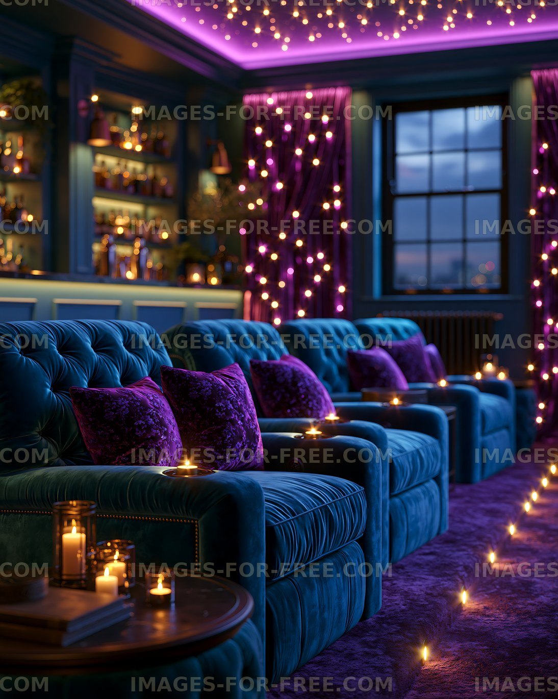 Cozy seating area in a stylish lounge with purple lighting