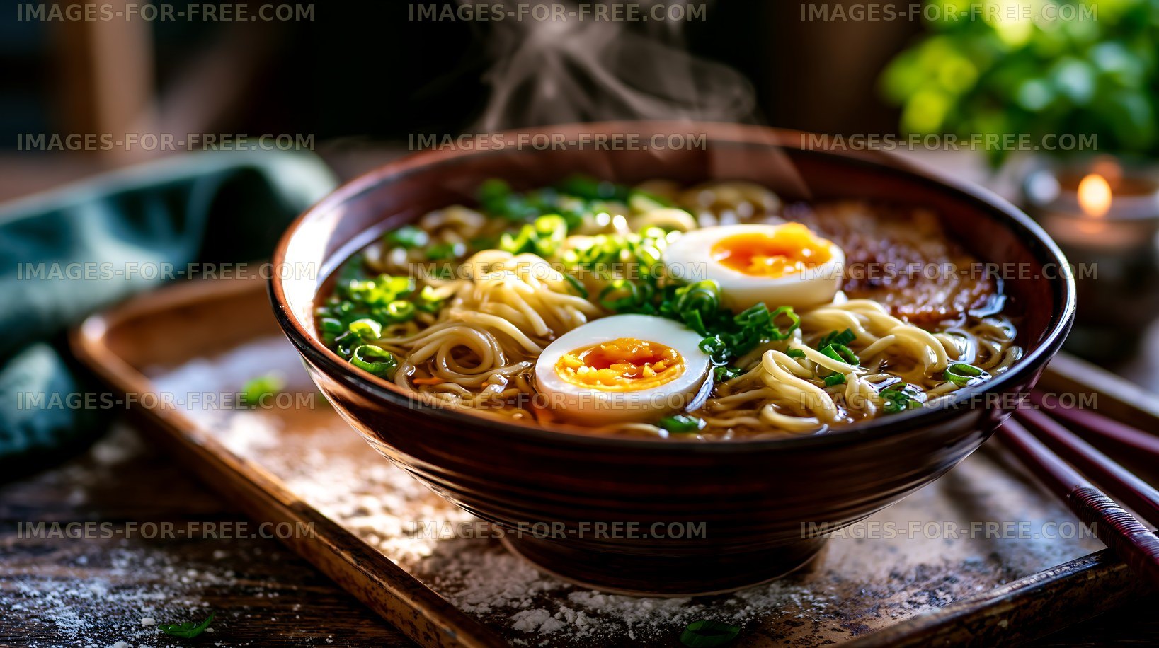 Warm bowl of ramen with soft boiled eggs and green onions