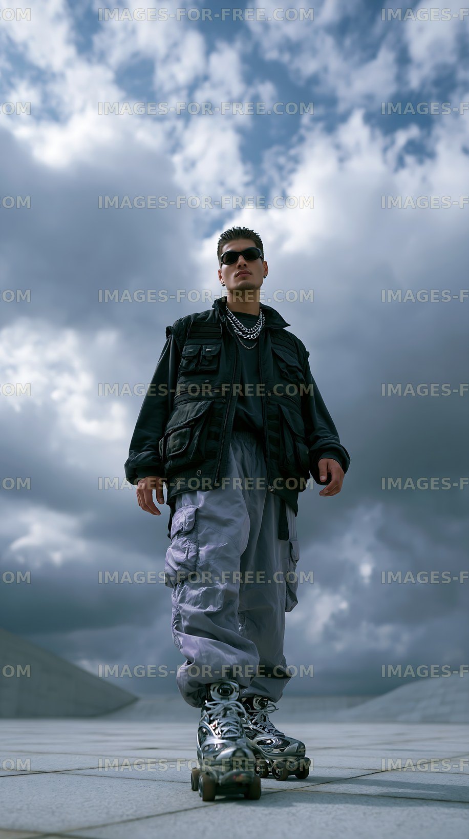 Skateboarder performs tricks under a cloudy sky