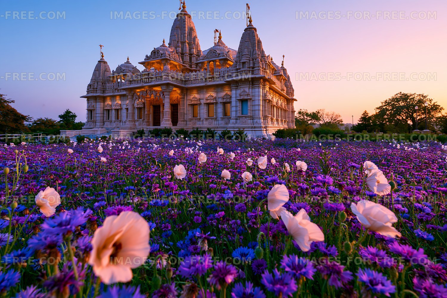 Sunset view of a temple surrounded by flowers